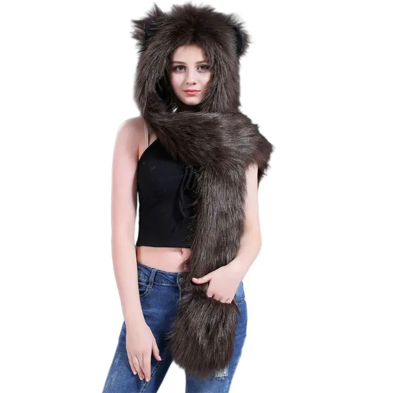 3 em 1 lenço com capuz para mulheres e homens capuz de pelúcia fofo de animal lobo e leopardo com patas luvas luvas engrossadas gorro de orelha para