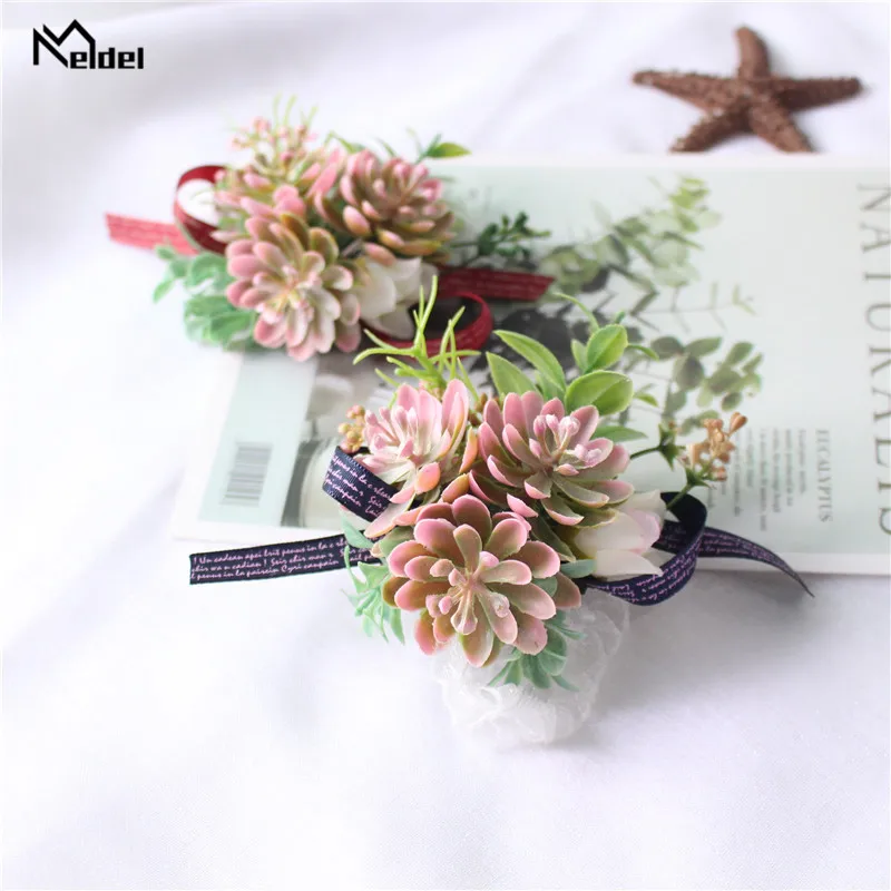 Meldel Boutonniere Buttonhole Men Wedding Bracelet Bridesmaid  Women Brooch Flower Corsage Pin Wedding Bracelet Witness Corsages