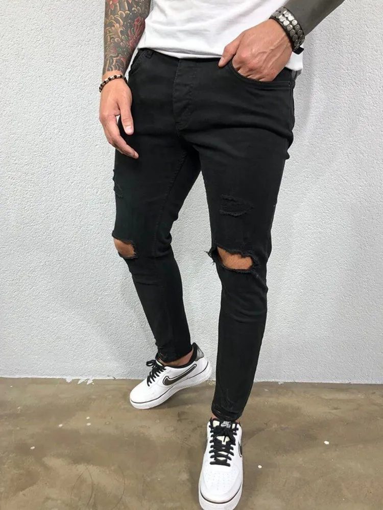 Men Jeans Black Blue Cool Skinny Knee Hole Ripped Stretch Slim Elastic Denim Pants Solid Color High Street Style Trousers Man