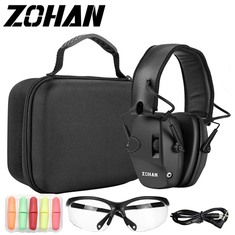 ZOHAN Electronic Noise Reduction Earmuffs NRR 22 dB Hearing Protection Set With Big Case, Goggles, Cable And 5 Pairs Of Earplugs