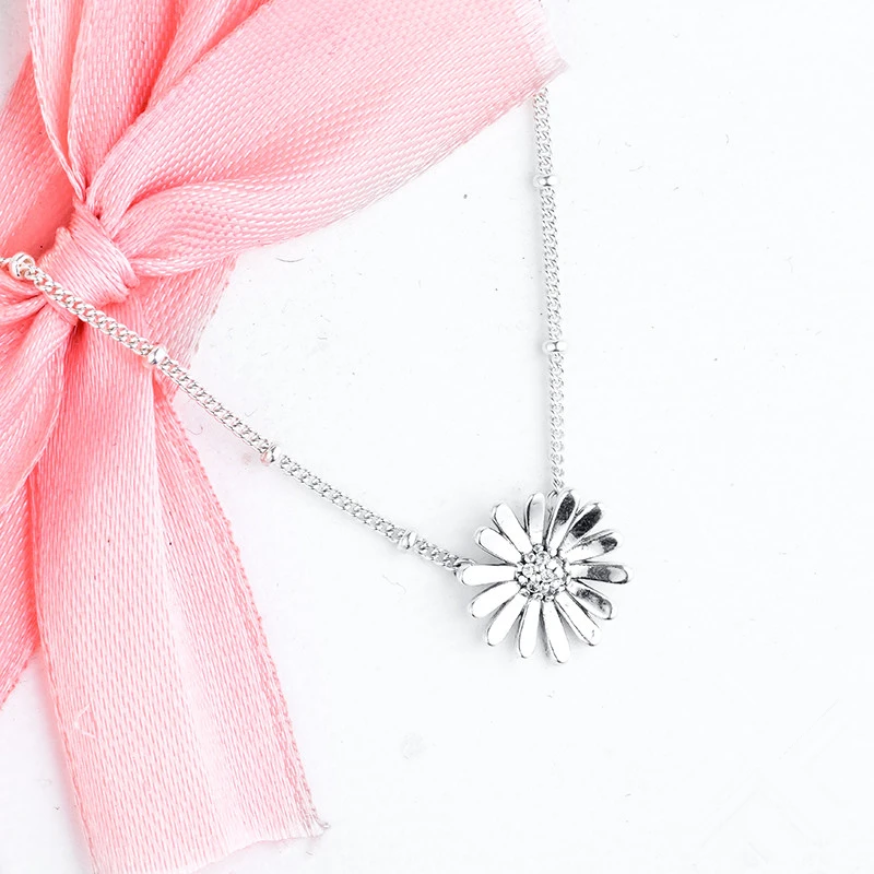 Pave Daisy Flower Collier Pendant Necklaces for Women 925 Sterling Silver Necklaces Jewelry Long Chain Crystal Girl Necklace