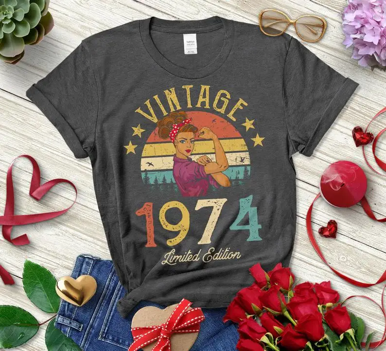 Vintage 1974 Limited Edition Retro Womens Shirt Funny 47th Birthday Gift Short Sleeve Tees Plus Size O Neck Female Clothing top