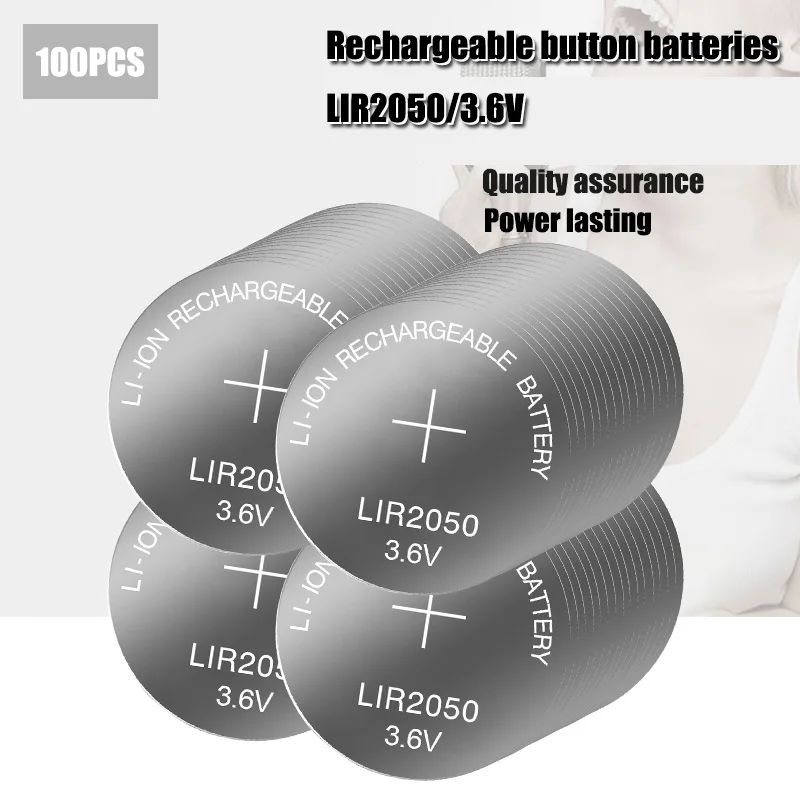 

100PCS 3.6V LIR2050 lir 2050 lithium ion rechargeable battery 80mah Li-ion button coin cell replace for CR2050 CR 2050