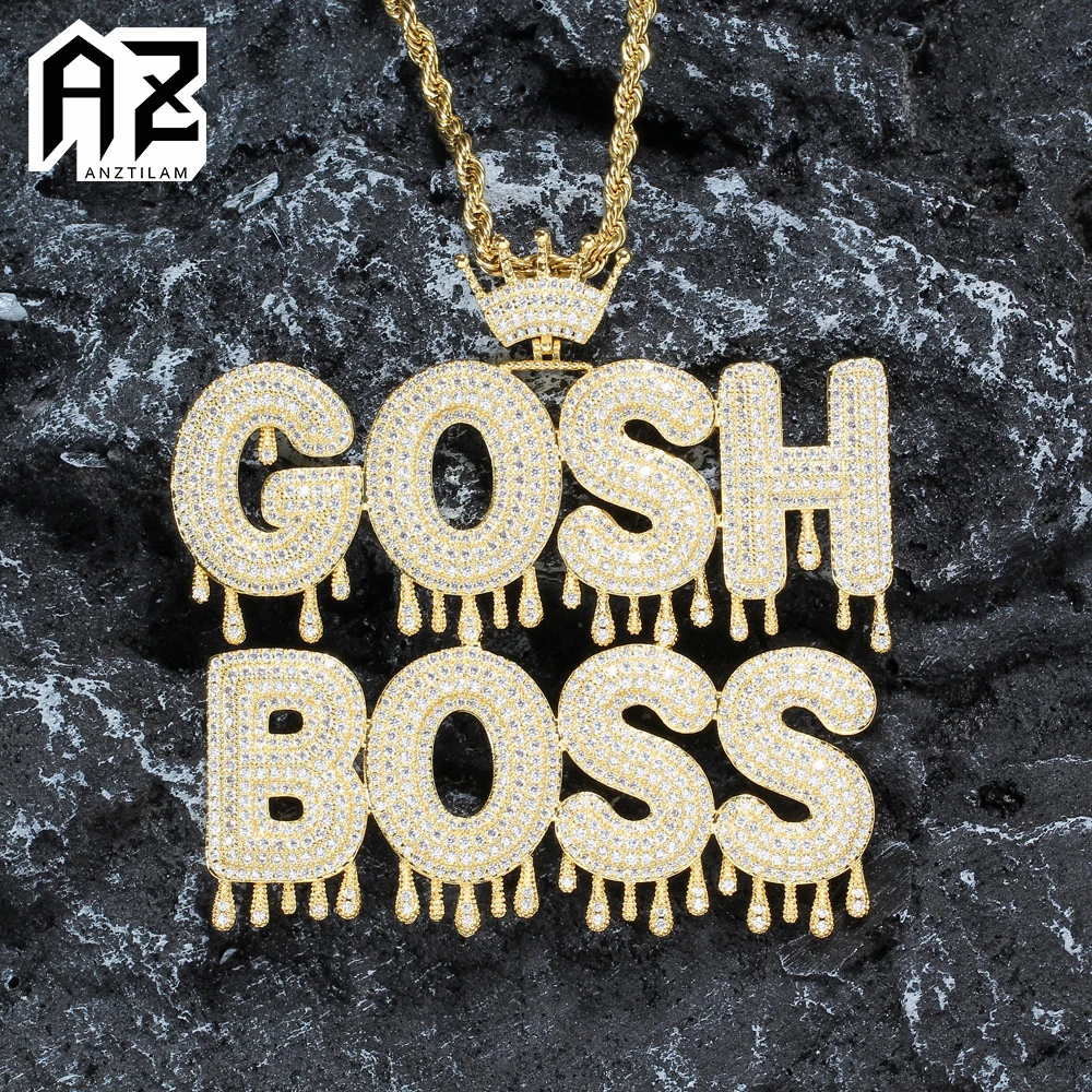 AZ New Custom Crown Drips Letters Necklace Iced Out Pendants With Bling Zircon For Women Men Goth Jewelry With Long Chain