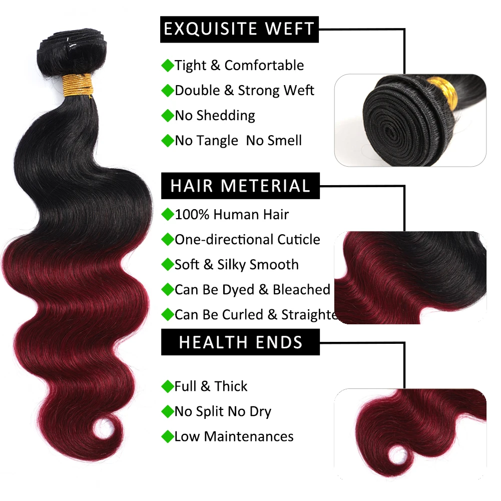 Ombre Bordeaux Menselijk Haar Bundels Body Wave Gekleurde Braziliaanse Weven 3/4 Remy Hair Weave Bundels T1B Bourgondië 99J Extensions