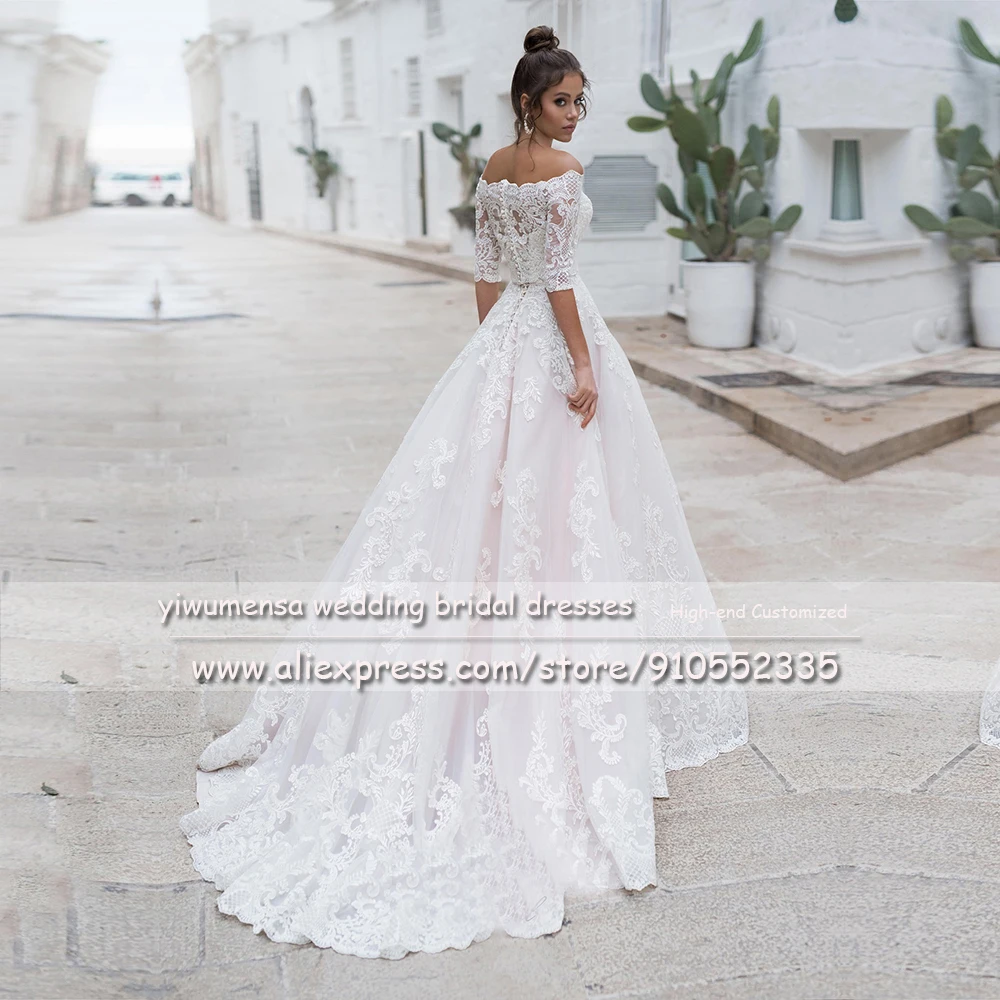 Vestido De Novia Mezze Maniche Con Scollo A Barchetta Appliques Del Merletto Abito Da Sposa di Boho Della Chiusura Lampo Con Bottoni UNA Linea di Abito Da Sposa Su Misura ha fatto di Nuovo