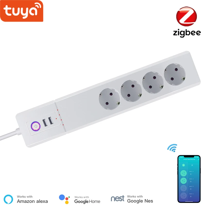 Tuya WiFi Smart Surge Protector , EU Zigbee Outlet With 4 Plugs and 2 USB Port , Individual Control,Works With Alexa Google Home