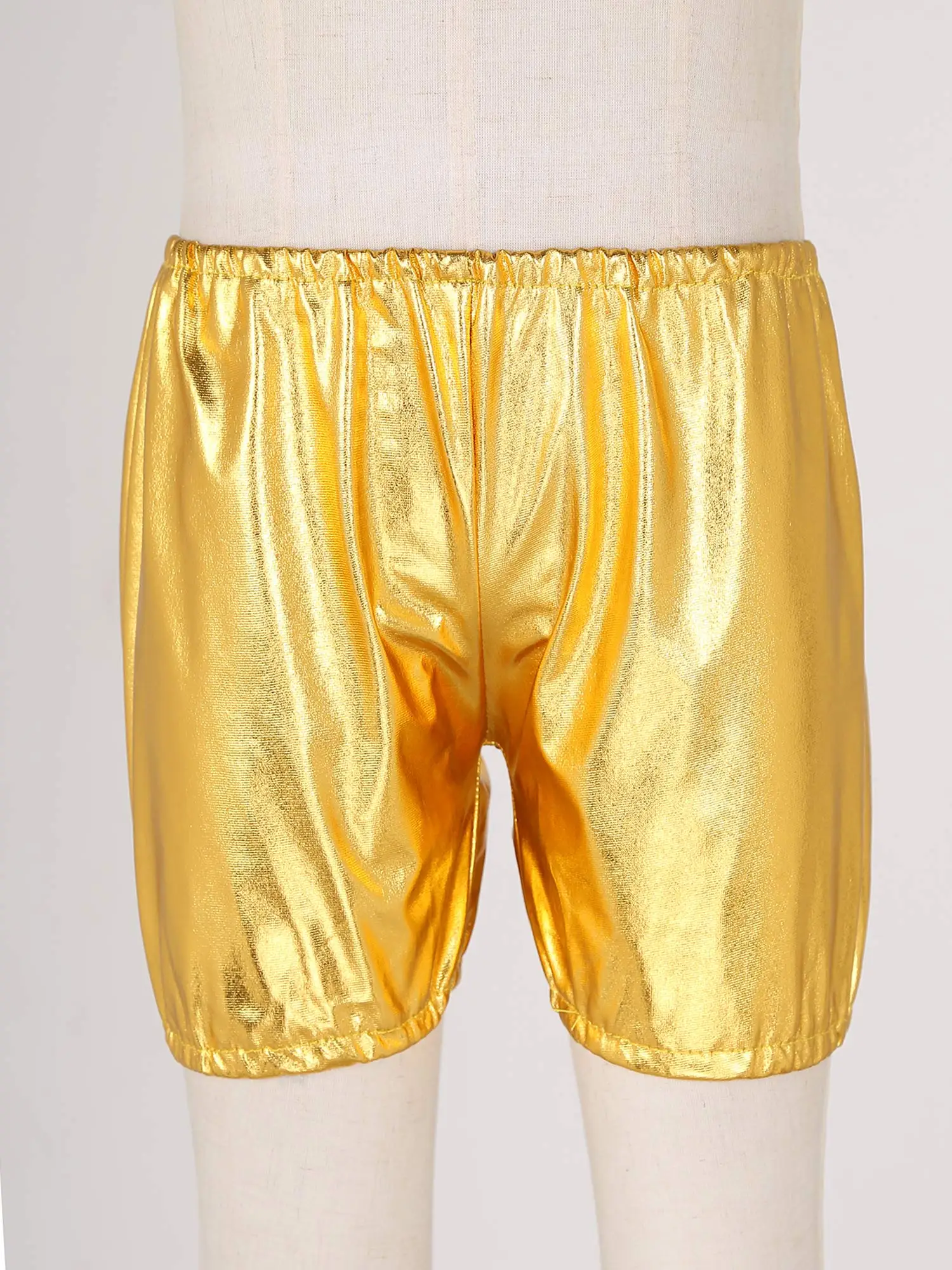 Kids Jazz Dance Shorts Shiny Metallic Bronzing Cloth Solid Color Elastic Waistband Shorts for Performance Party Rave Costumes