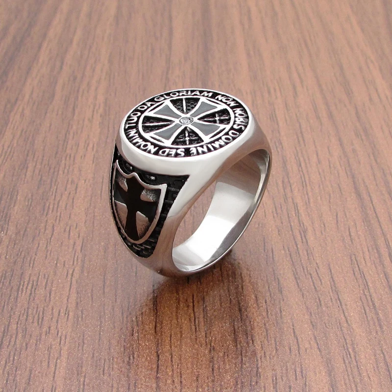 Unique 316L Stainless Steel Knights Templar Ring Custom Design Wholesale Price Shield Black Epoxy Clean Zircon Red Cross Rings