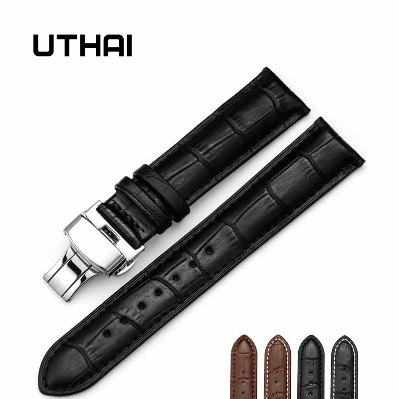 UTHAI Z06 watchband double click elastic butterfly buckle strap cowhide dermal 14/16/18/19/20/21/22 /24mm watch strap