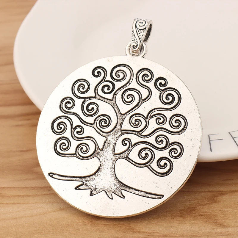 2 Pieces Tibetan Silver Large Life Tree Round Charms Pendants for Necklace Jewellery Making Accessories 80x66mm