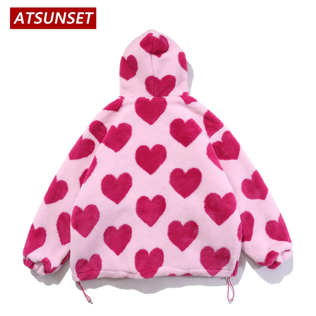 ATSUNSET Cute Heart Shaped Print Lambswool Hooded Cotton Coat Thick Warm Harajuku Winter Jacket  High Street Couple Streetwear