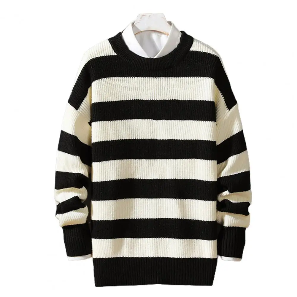 Plus Size Men Sweater Stripe Round Neck Loose Pullover Male Jumper Spring Sweater for Men Work Daily Wear