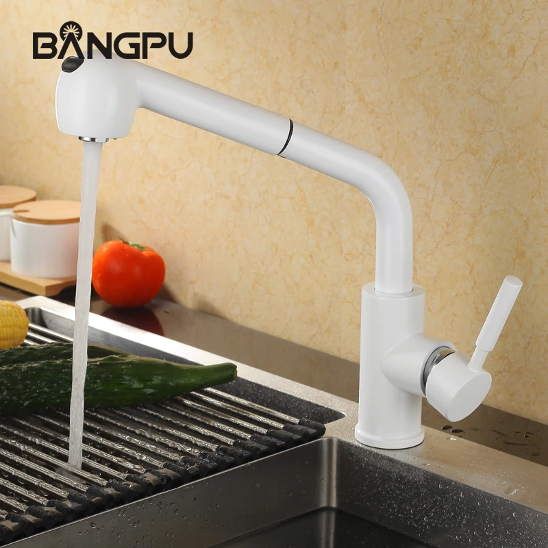 BANGPU Kitchen Pull Out Faucet White Kitchen Faucet Pull Down Sink Faucet Kitchen 1 Hole Tap Single Handle Faucet Deck Mounted