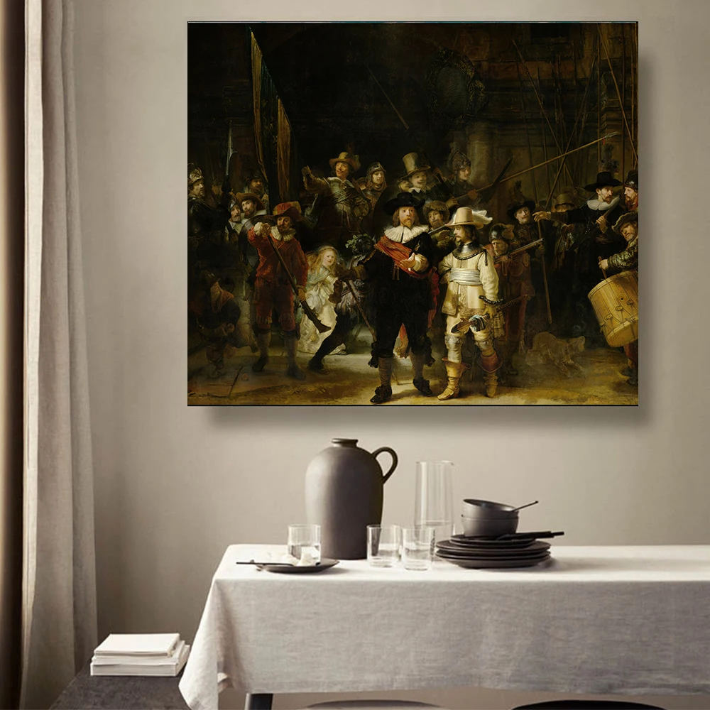 The Night Watch by Rembrandt Canvas Oil Painting Famous Artwork Poster Picture Modern Wall Decor Home Living room Decoration