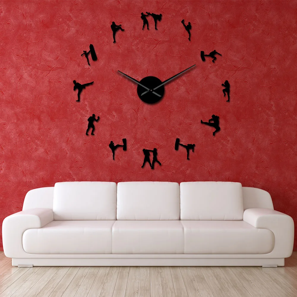 Korean Martial Art Taekwondo Figures DIY Giant Wall Clock Kickboxing Karate Guys Wall Stickers Decorative Large Wall Clock Watch