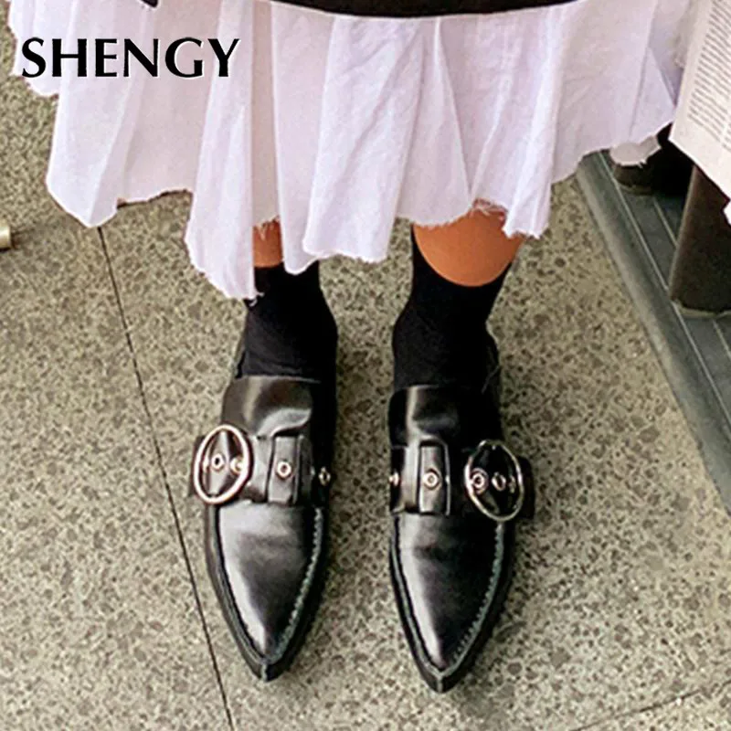 2023 Luxury Women Pointed Toe Ring Belt Loafers Slip-on Casual Officical  Elegance  Footwear Ladies Sandals