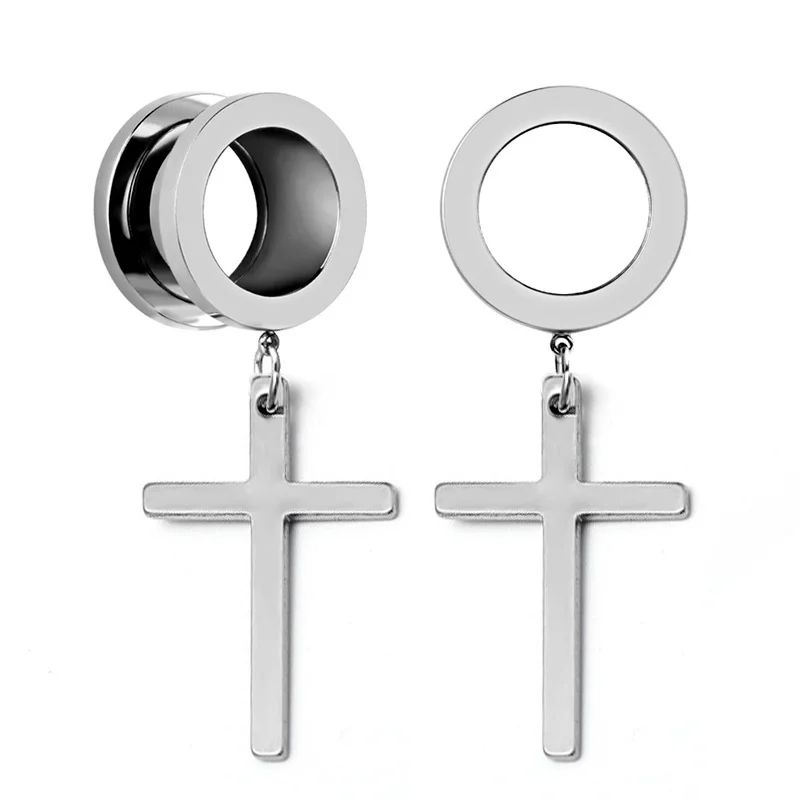2Pcs Ear Piercing Dangle Cross Ear Plugs and Tunnels Stainless Steel Oreja Dilatacions Ear Expander 4m-25mm Punk Body Jewelry