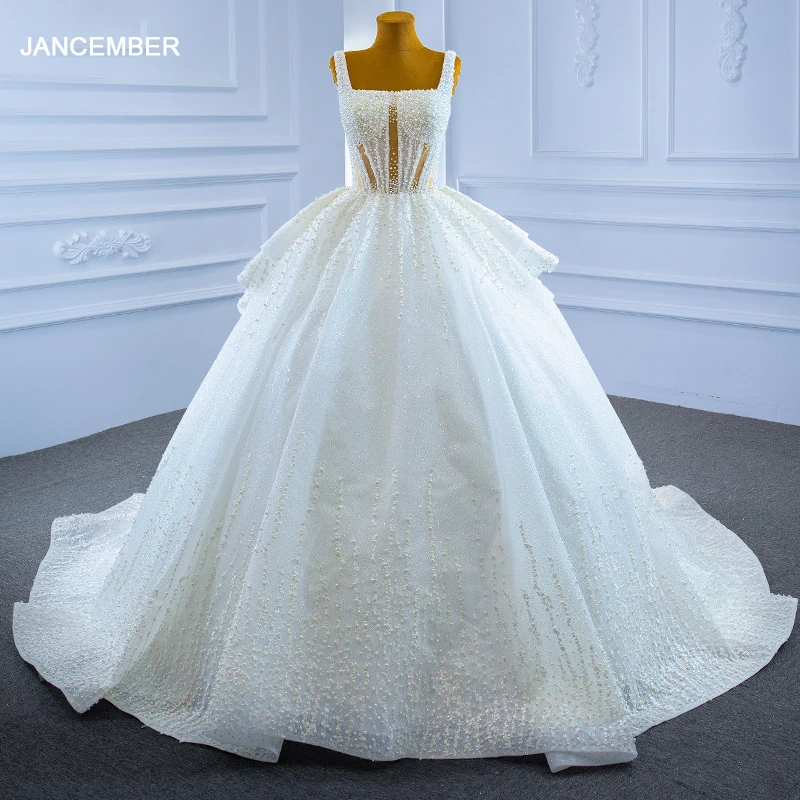 J67266 JANCEMBER2021 White Hollow-out Bridal Wedding Dress Pearl Frill Lace Pattern Design Back Lace Up платья свадебные