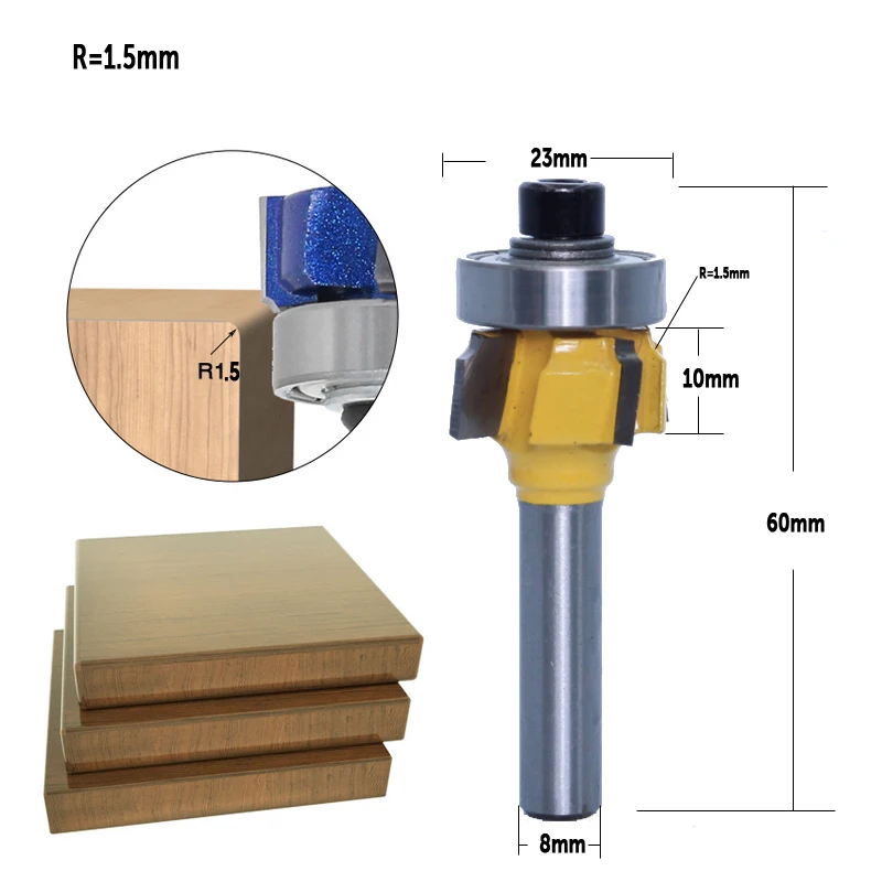 CHWJW 1PC 8mm Shank high quality Woodworking Milling Cutter R1mm R1.5mm R2mm Trimming Knife Edge Trimmer 4 Teeth Wood Router Bit