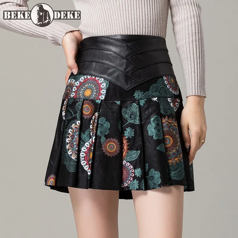 

Women Genuine Leather Skirt Vintage Flowers Printed High Waist Pleated Skirts Slim Fit Wrap A Line Sheepskin Mini Skirts