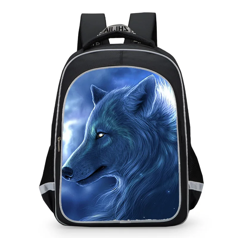 New night wolf black wolf dog creative backpack with reflective strip schoolboy backpack children\'s backpack