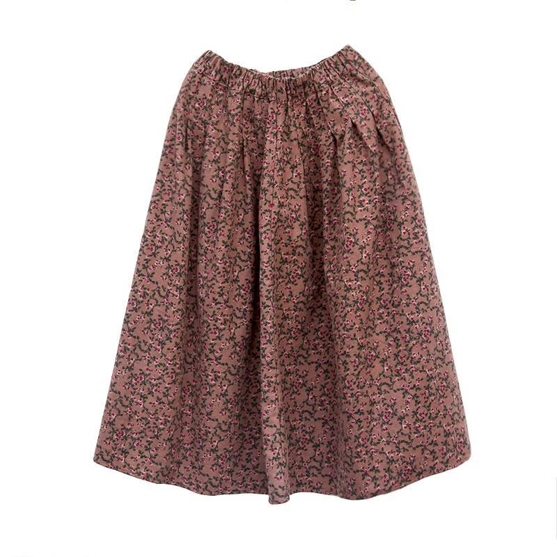 Spring Autumn Arts Style Elastic Waist Cotton Linen A-line Long Skirt Women Loose Casual Vintage Floral Skirt high quality S364