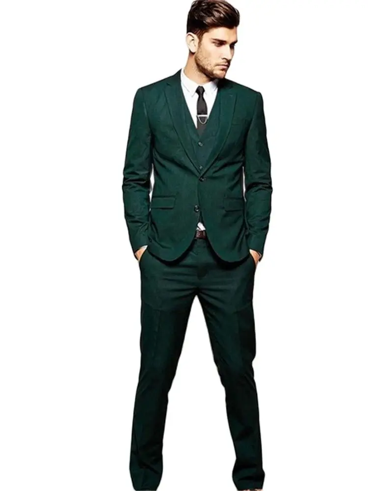 

Fashion Notched Lapel Dark Green Men Blazer Trousers Wedding Dress Dinner Party Wear Business Suits 3Pcs Jacket+Pants+Vest+Tie
