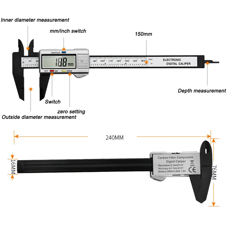 Digital Vernier Caliper 0-100mm LCD Electronic Carbon Fiber Altimeter Micrometer Measuring Tool Vernier Calipers