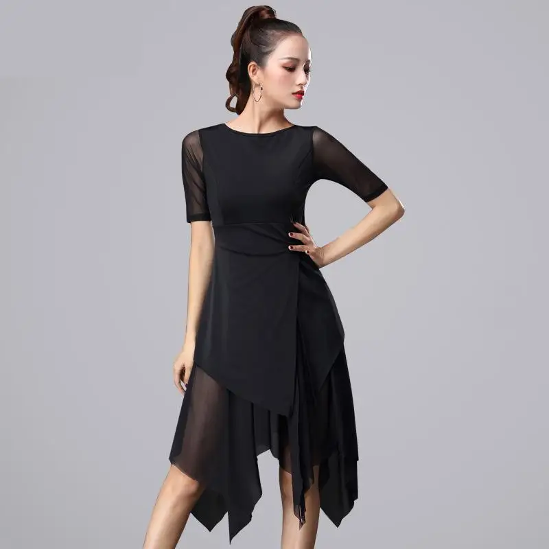 Women Fashion Sexy Mesh Short-sleeve Latin Dance Tassel One-piece Dress For Women/female, Ballroom Tango Cha Cha Rumba Costumes