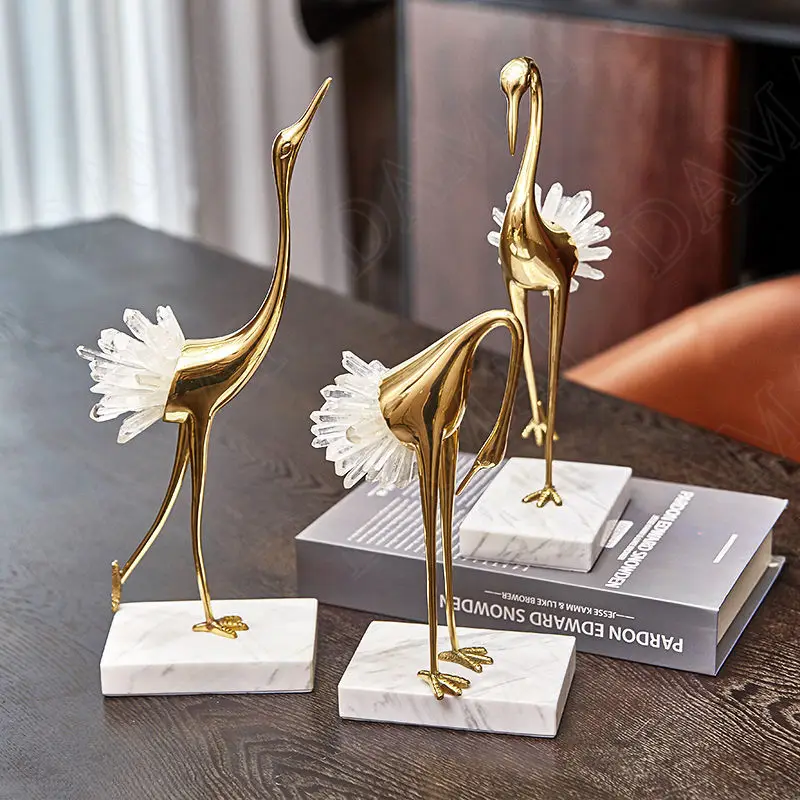 

European Copper Figurines Creativity Crystal Decorative TV Cabinet Statue Marble Base Crane Home Decoration Modern Ornaments