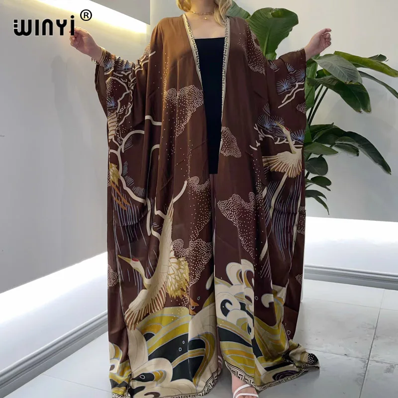 WINYI holiday Oversized Beach Kimono With Sashes Bohemian Vintage Slim Sexy Long Cardigan Women Sleeve sukienka Fringe Cover-Up