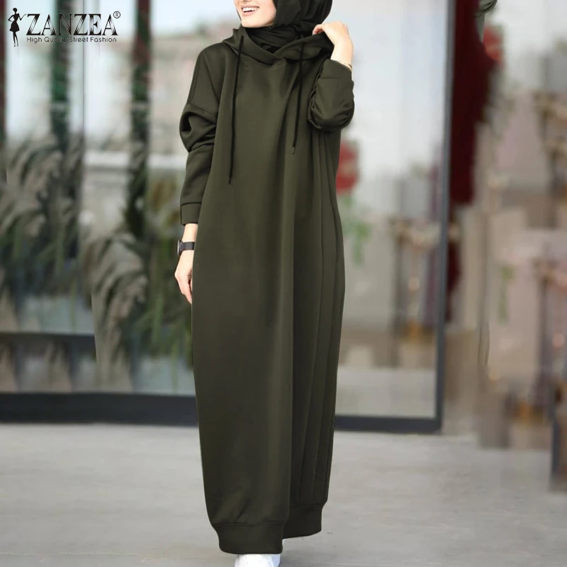 

ZANZEA 2023 Winter Hoodies Long Sleeve Sweatshirt Dress Women Pullover Sundress Casual Solid Loose Hooded Muslim Retro Vestidos