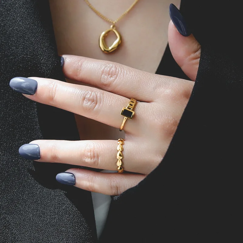 YUN RUO New Arrival Titanium Steel Senior Black Rectangular Chain Ring Female Not Fade Niche Design Personality Fashion Jewelry