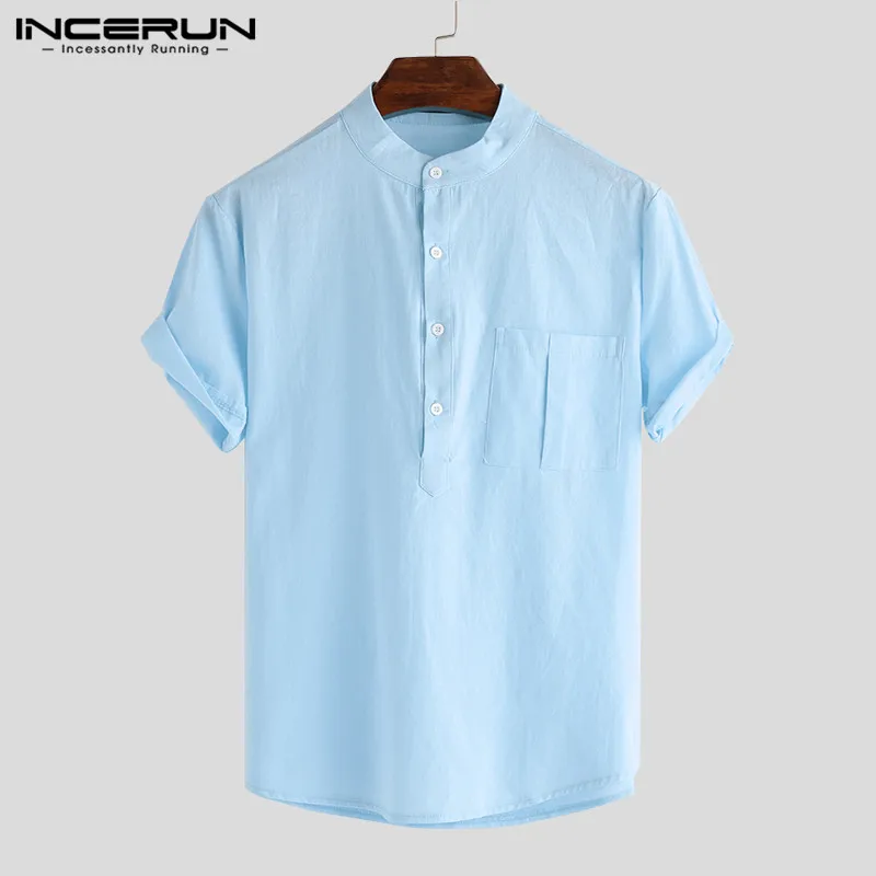 INCERUN Summer Casual Men Shirts Stand Collar Solid Cotton Blouse Short Sleeve Streetwear Brand Shirts Harajuku Camisas Hombre