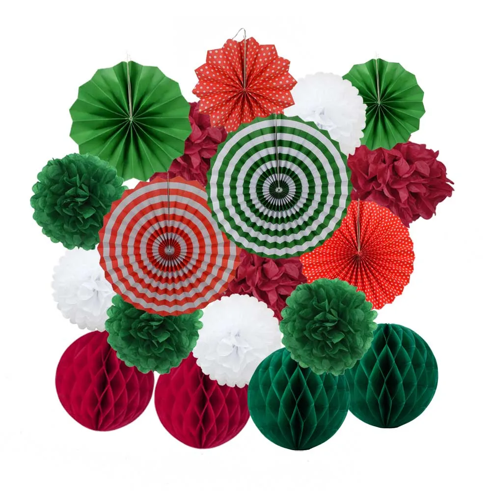 

Christmas New Year Party Favor Red Green Hanging Paper Fans Honeycomb Wedding Events Kids Boy Girl 1st Birthday Ceremony Decor