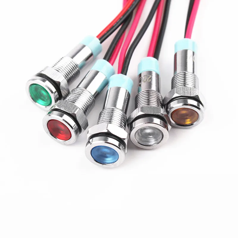 1pcs 8mm 6V 12V 24V 220v Flat head LED Metal Indicator light 8mm waterproof Signal lamp with wire red yellow blue green white
