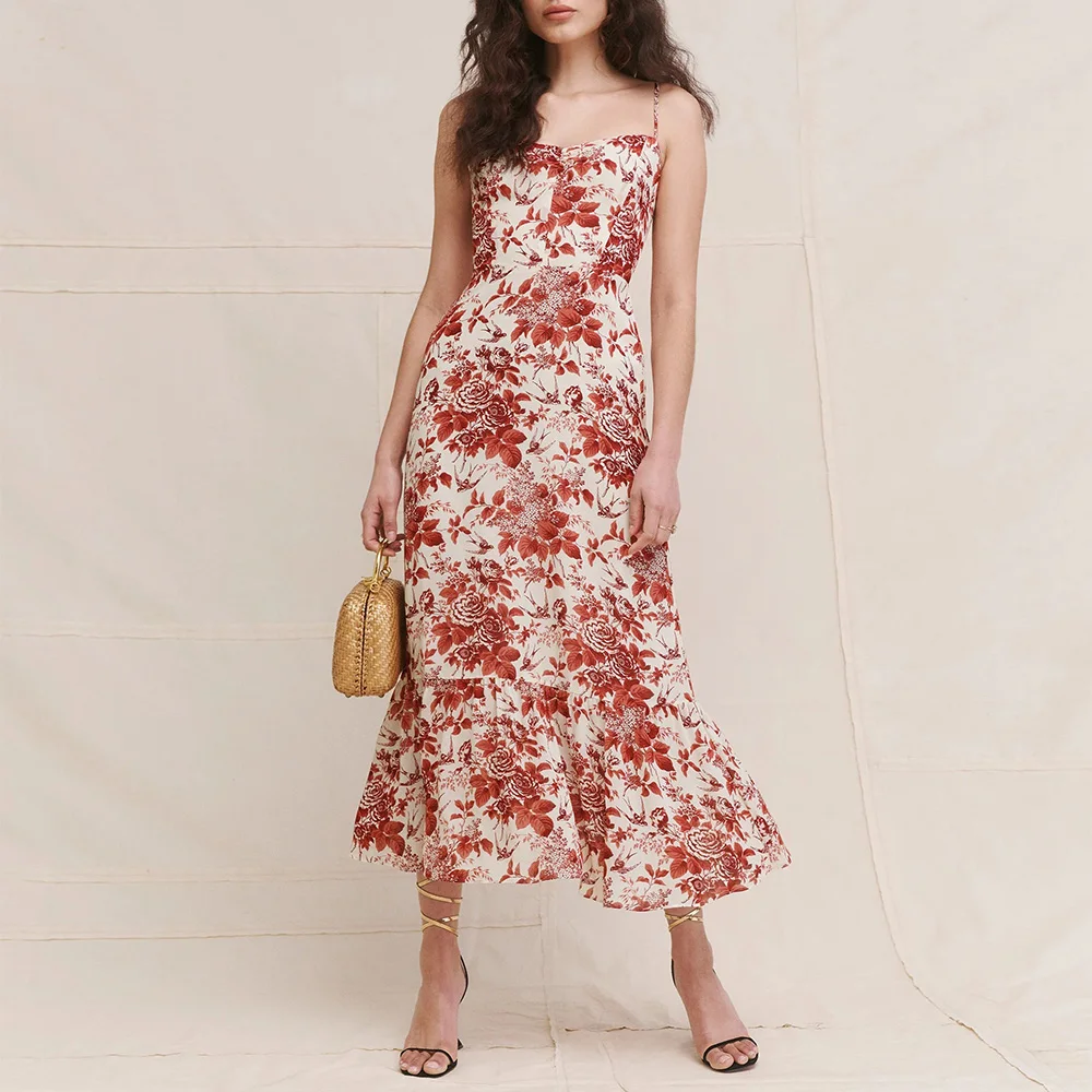 

Dresses For Women 2021 Elegant Ruffle Hem Vintage Floral Dress Sweetheart Neck Sleeveless Spaghetti Strap Summer Midi Dress