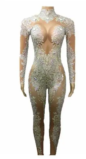 

Crystals Rompers Sexy DJ Pole Dance Acrobatics Performance Costume Nightclub Women Leotard Rose Red Rhinestones Stretch Jumpsuit