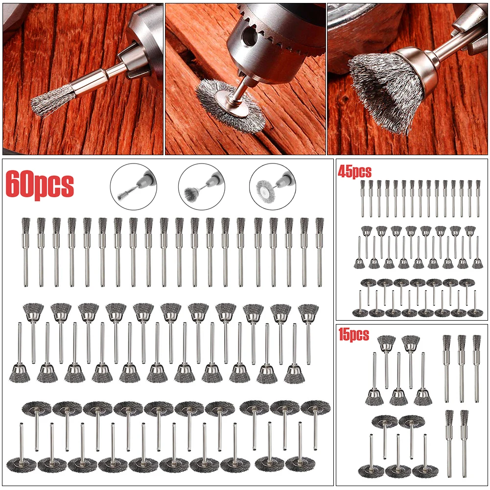 Ensemble de brosses de roue en fil d'acier pour le polissage du métal, brosse à tige éloignée Dremel, outil de polissage lointain, roue métallique, 3.0mm, 45 pièces, 60 pièces