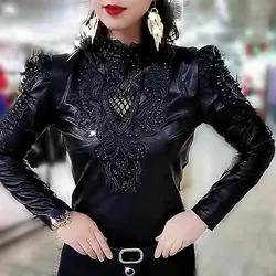 Luxury Shiny Beadings Stand Collar Beaded Blouses Women Hollow Out Lace Party Sexy PU Patchwork Ruffles Tops Blouses NS465