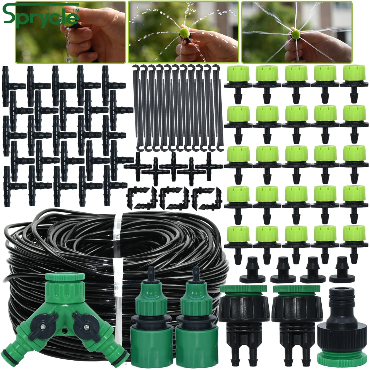 SPRYCLE 5-50M Automatic Garden Watering Adjustable Drip Irrigation System 1/4'' 4/7mm Hose Connectors for Pot Plants Greenhouse