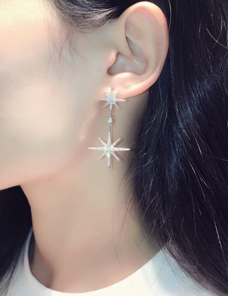 New Korean Fashion Silver Color Stars Drop Earring Exquisite Women Jewelry Super Flashing Rhinestones Snowflake Earrings