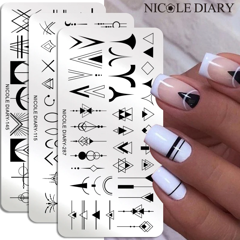 NICOLE DIARY Geometry Nail Stencils Geometric French Design Stamping Plates Palm Leaf Flower Stamping for Nails Manicures Stamp