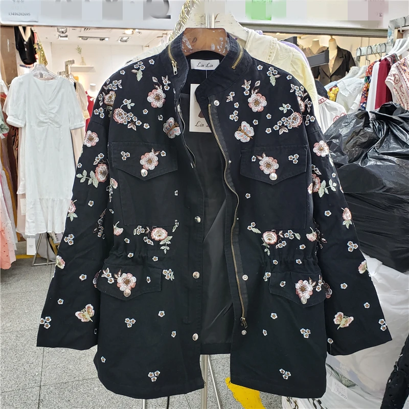 Korean Fashion Embroidery Flower Trench Coat Women Student Outwear Black White Army Green Mid Long Drawstring Windbreaker Female