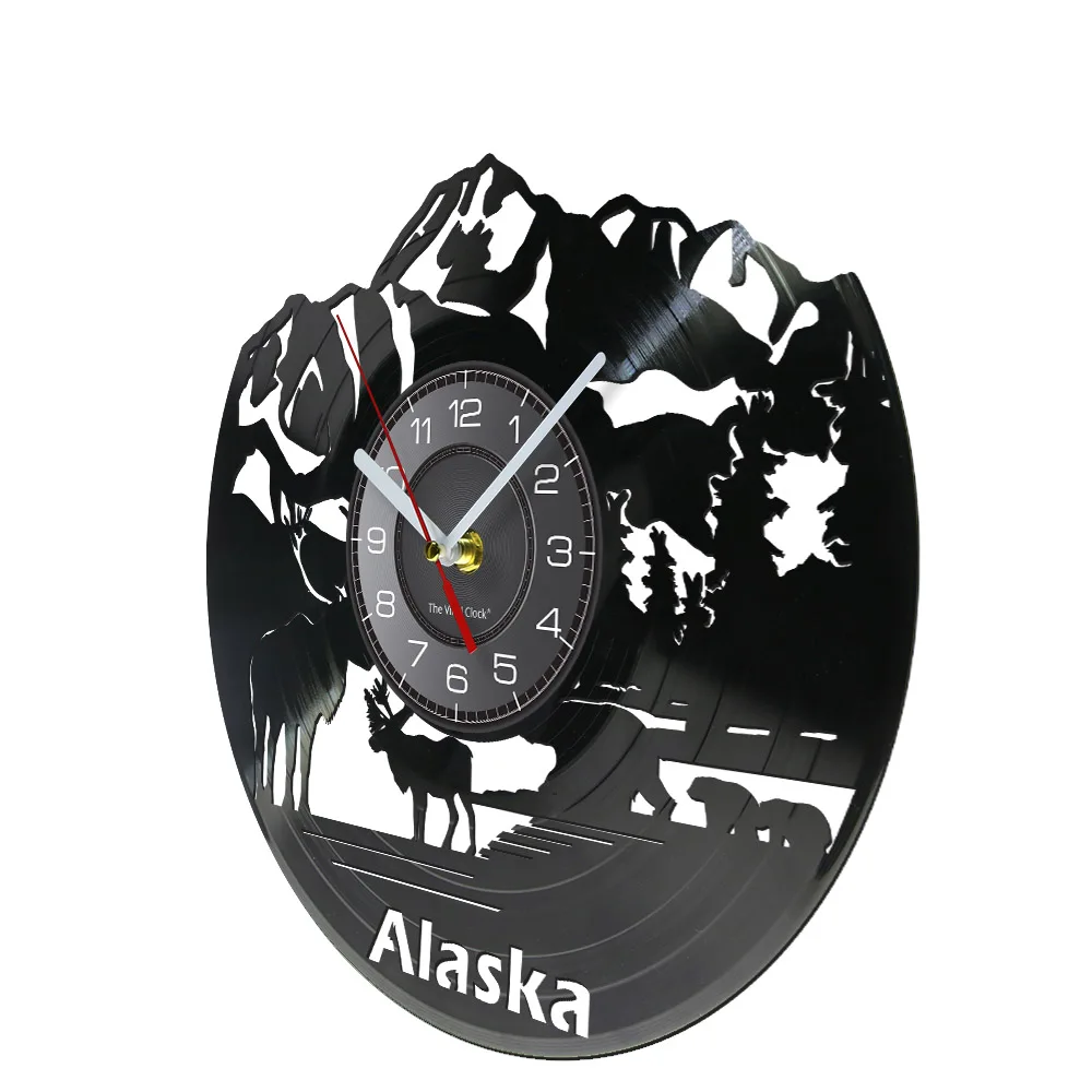 Alaska United States Glacier Art Wall Clock Denali Snow Mountain and Deer Wildlife Decor Travel Vinyl Record Hanging Watches