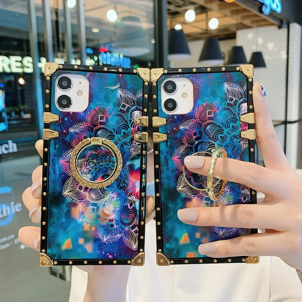 

Luxury square starry blue flower case for iPhone 12 12Pro 12Promax 13 13Pro 13Promax 14 14Pro 15 15Pro 15Promax anti-drop case