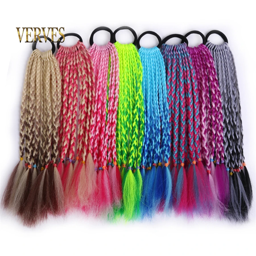 Ponytail Synthetic Hair Extension Chignon Hair Accessories With Rubber Ombre Braid Hairpiece Rainbow Color Girls Party Cosplay