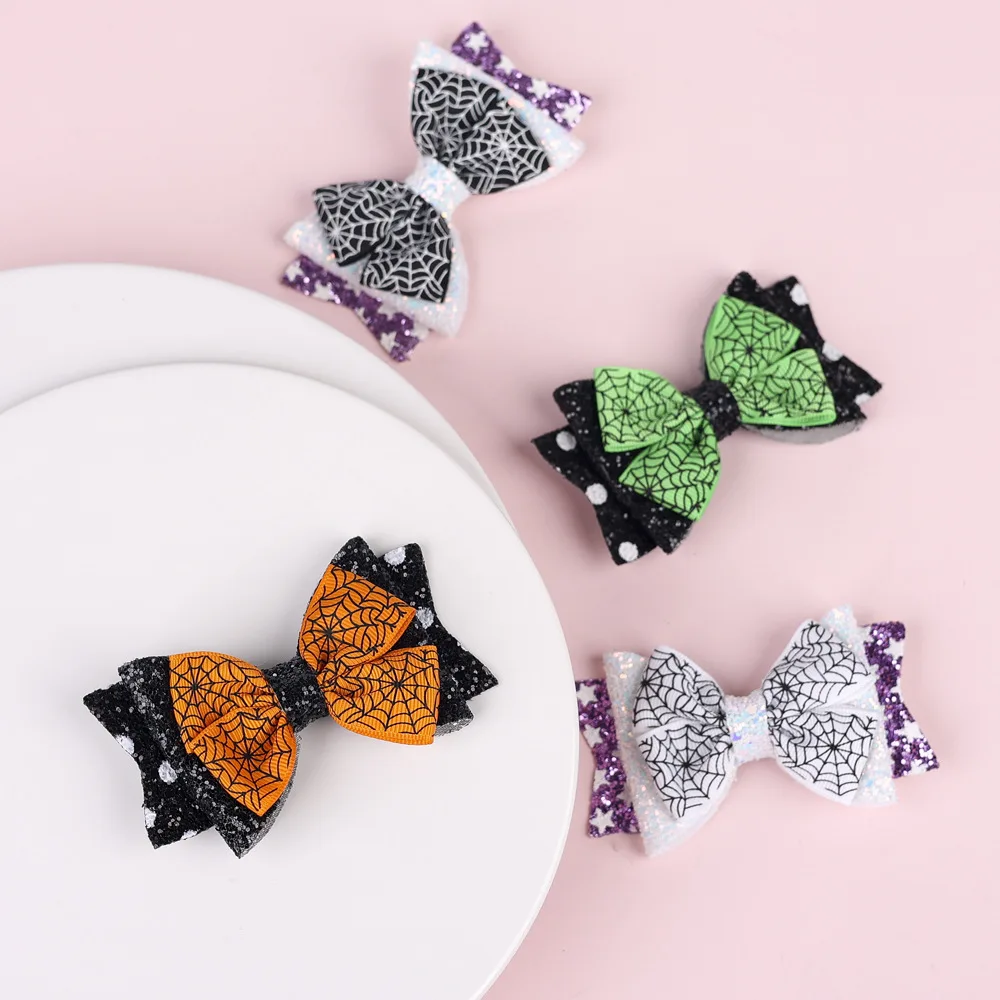 20pcs Hallowmas hair bowknot alligator clip grosgrain ribbon glitter leather bow side clips Halloween design wholesale