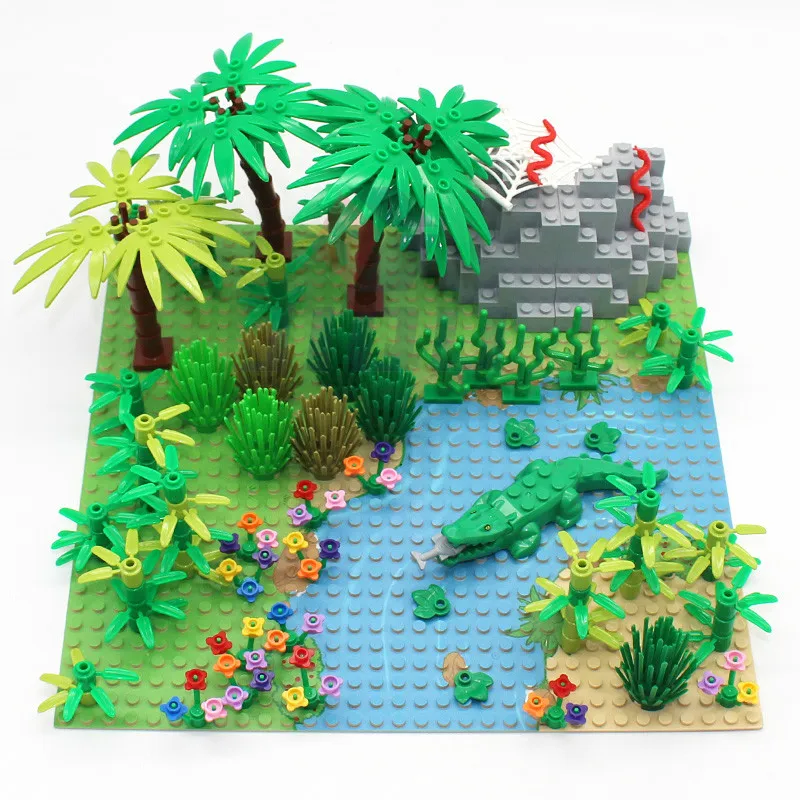 Rain Forest Parts Animal Green Grass Jungle Bush Flower Tree Plants MOC Building Blocks DIY Assemble Compatible Brands Baseplate